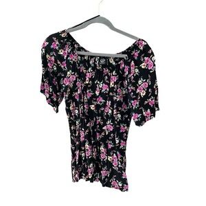 Bobeau Blouse Top Women's Size L‎ Black Floral Off The Shoulder Neck Long Sleeve